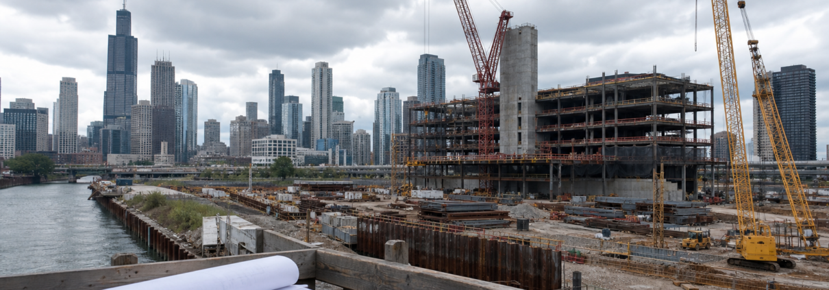 Unbranded Chicago casino construction site and city planning documents