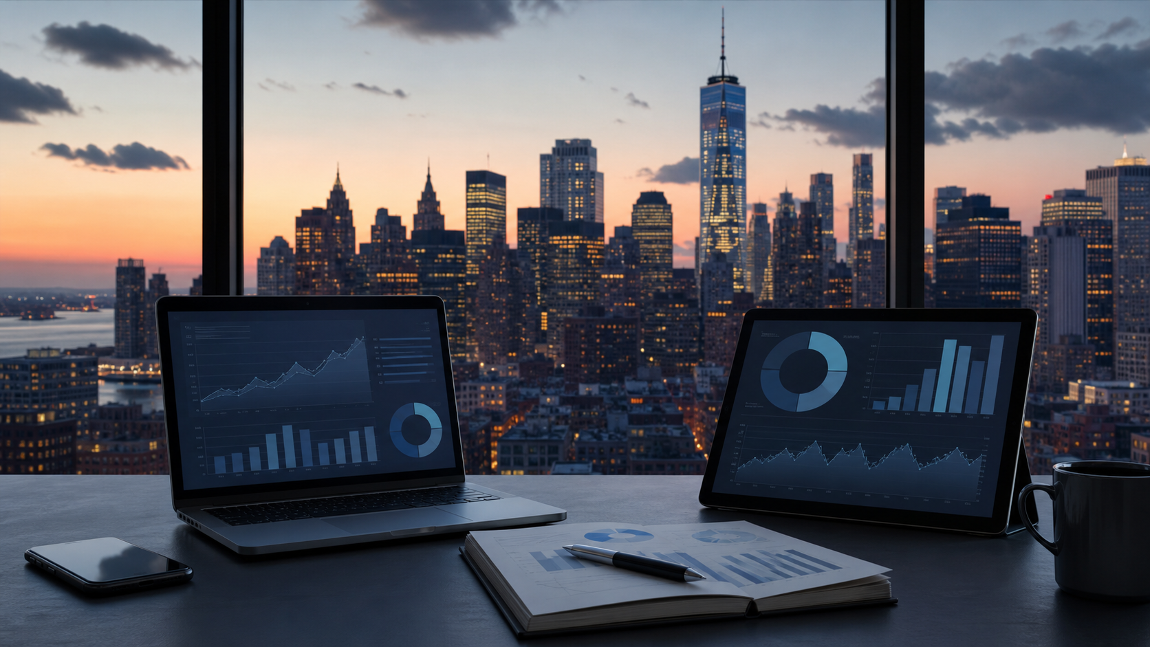 New York skyline with neutral sportsbook market analytics desk