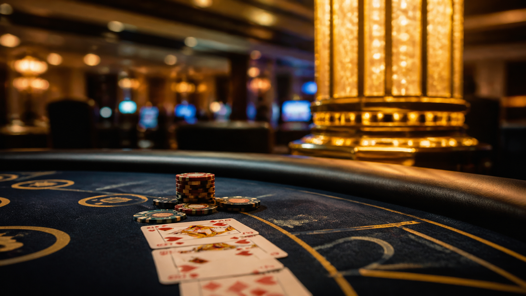 Casino table game with cards and a jackpot display in a resort setting