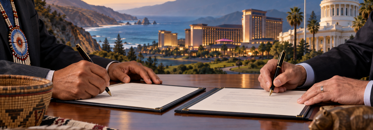 Editorial illustration of a California tribal-state gaming compact, official signatures, and a casino skyline