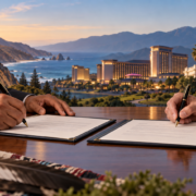 Editorial illustration of a California tribal-state gaming compact, official signatures, and a casino skyline