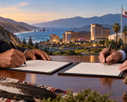 Editorial illustration of a California tribal-state gaming compact, official signatures, and a casino skyline