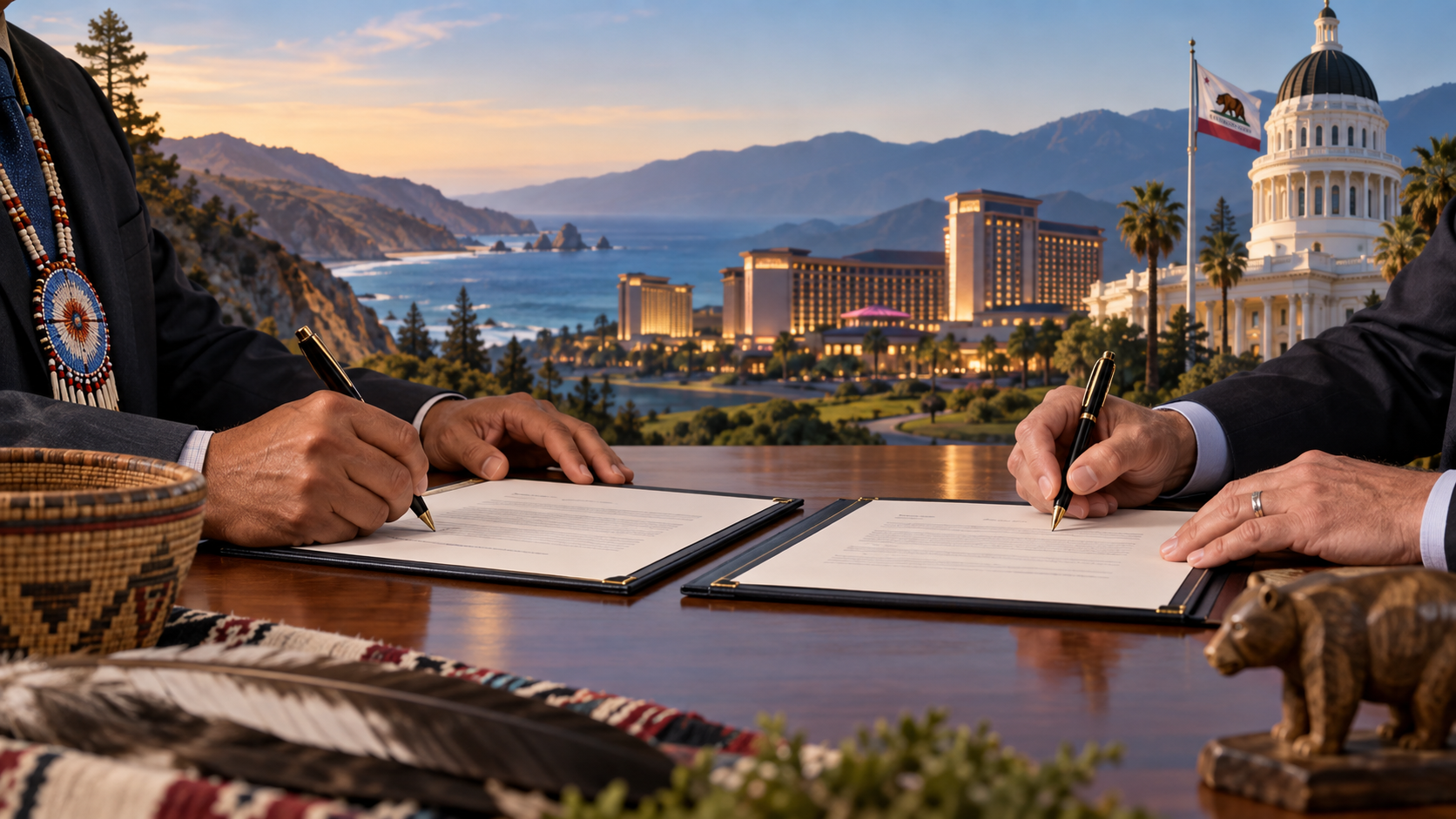 Editorial illustration of a California tribal-state gaming compact, official signatures, and a casino skyline