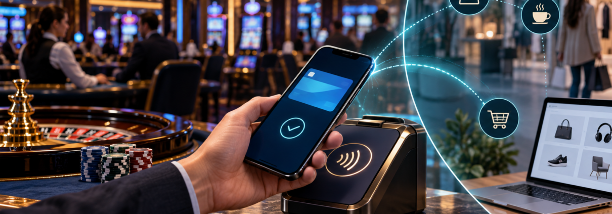 Editorial illustration of cashless casino payments, mobile wallets, land-based gaming, and a digital retail comparison