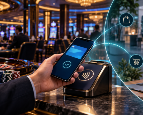 Editorial illustration of cashless casino payments, mobile wallets, land-based gaming, and a digital retail comparison