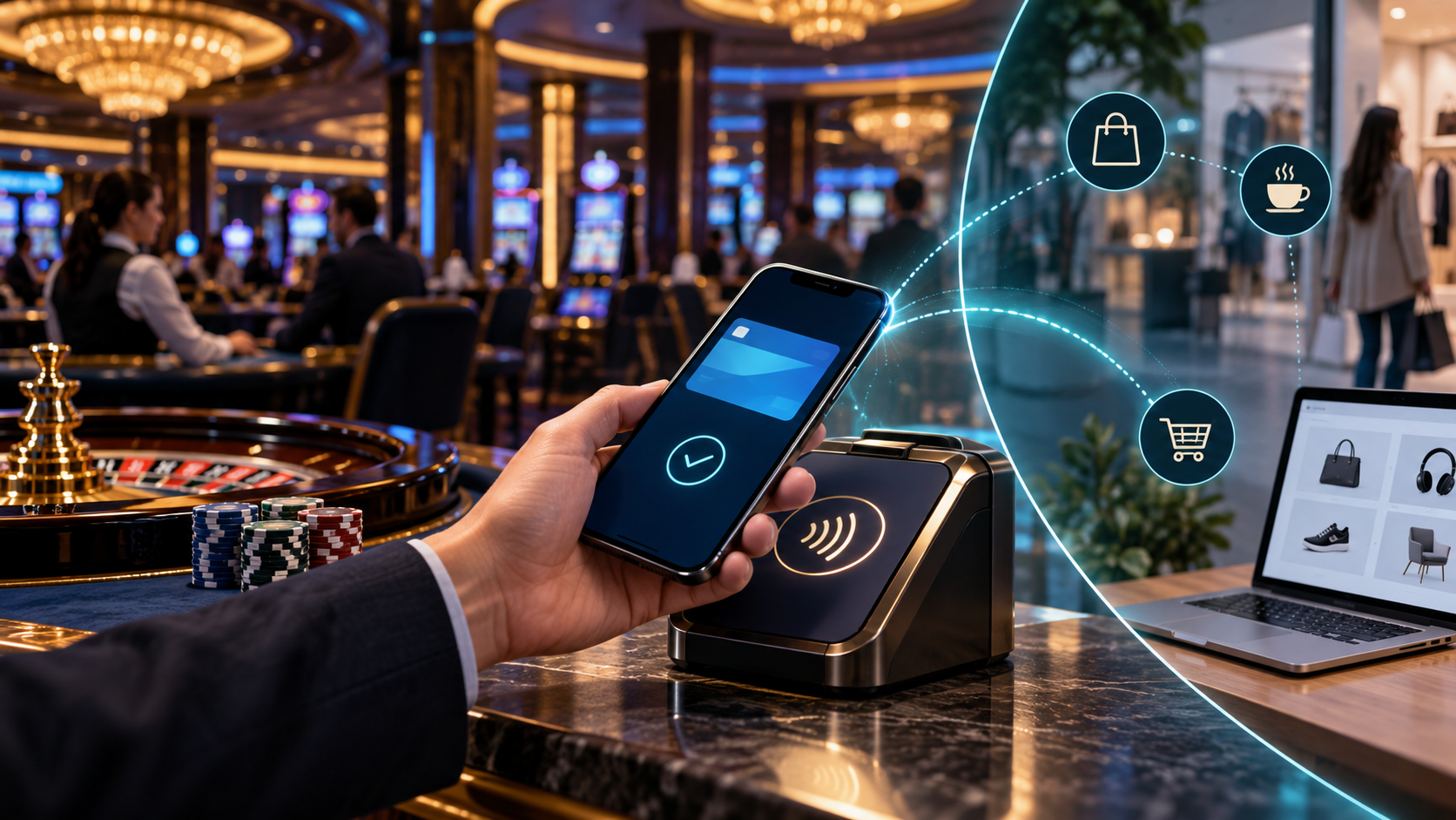 Editorial illustration of cashless casino payments, mobile wallets, land-based gaming, and a digital retail comparison
