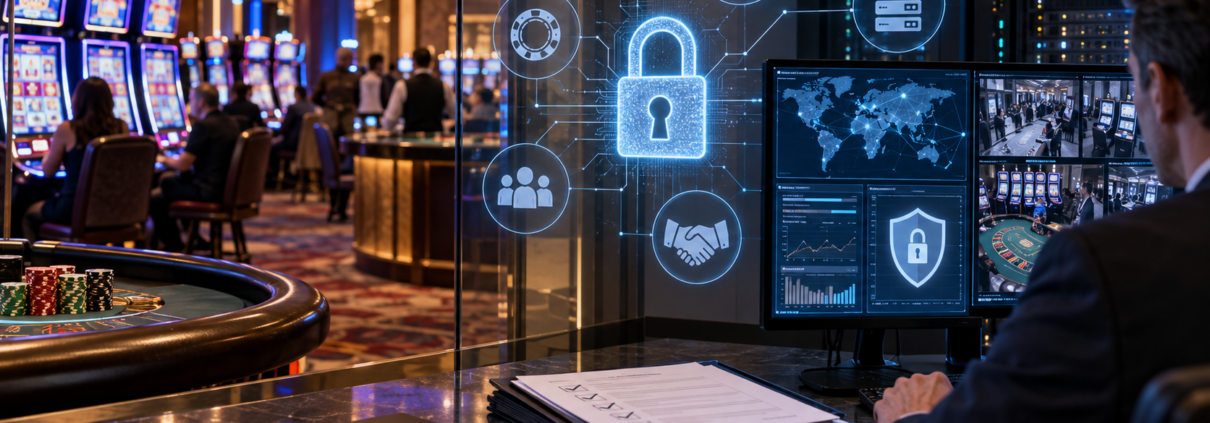 Editorial illustration of casino cybersecurity, vendor risk, digital locks, and gaming technology