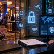 Editorial illustration of casino cybersecurity, vendor risk, digital locks, and gaming technology
