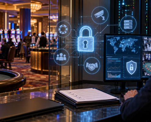 Editorial illustration of casino cybersecurity, vendor risk, digital locks, and gaming technology