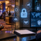 Editorial illustration of casino cybersecurity, vendor risk, digital locks, and gaming technology