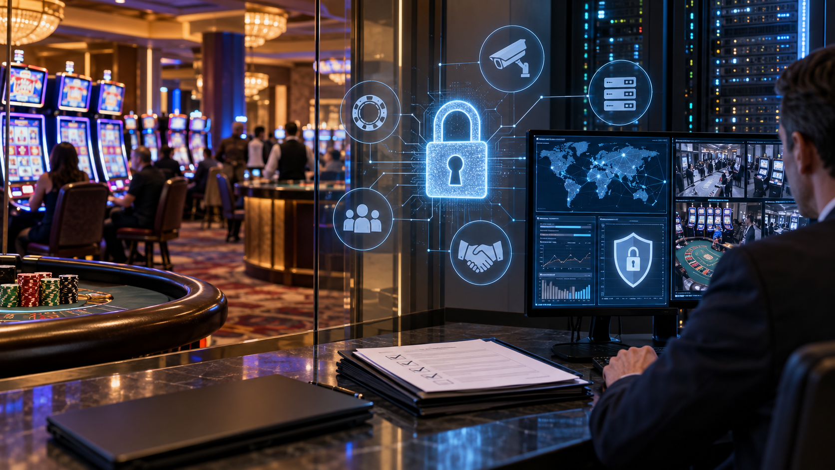 Editorial illustration of casino cybersecurity, vendor risk, digital locks, and gaming technology