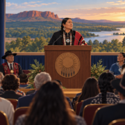 Editorial illustration of a tribal government address and Oklahoma community