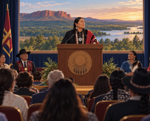 Editorial illustration of a tribal government address and Oklahoma community