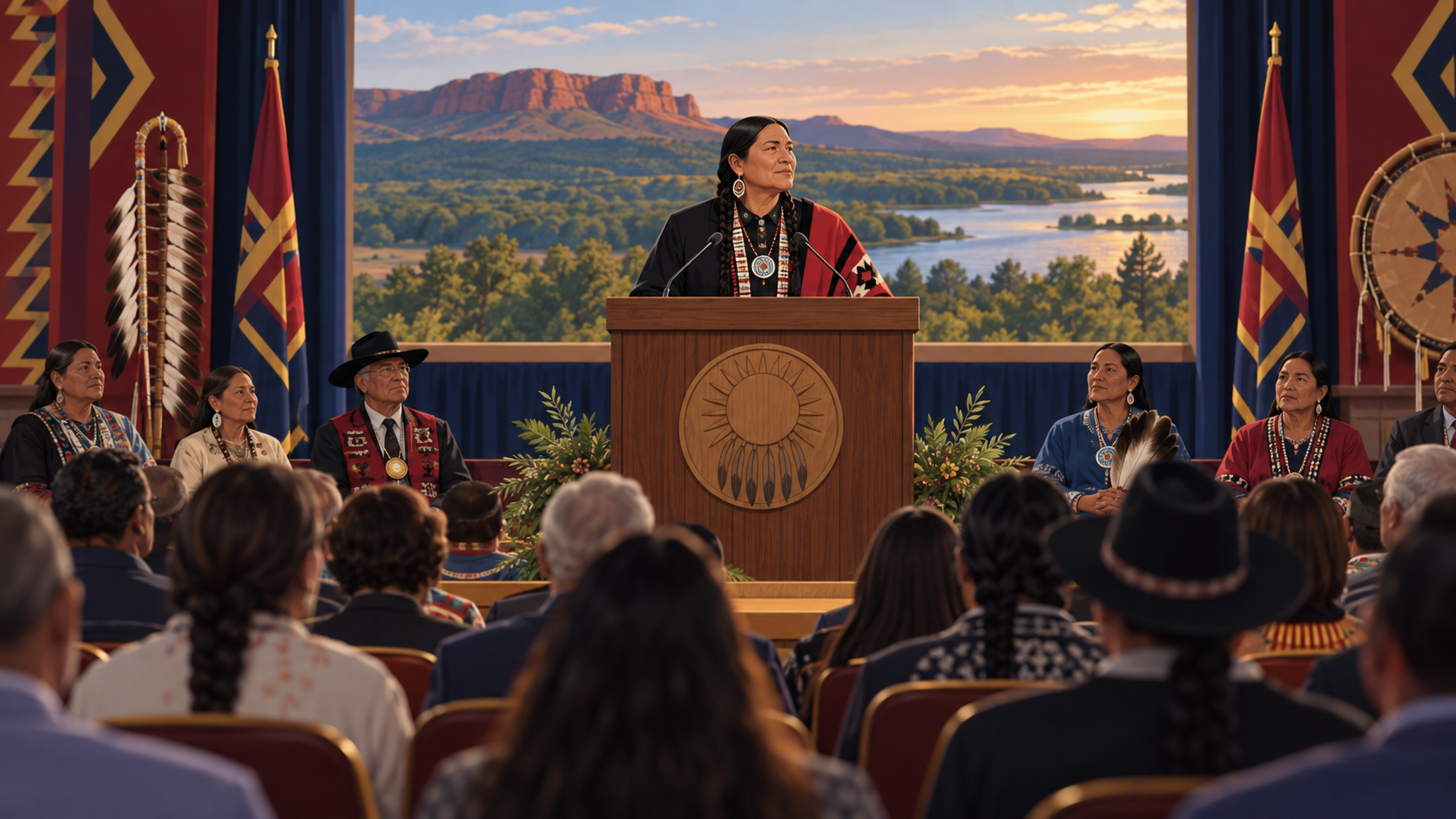 Editorial illustration of a tribal government address and Oklahoma community