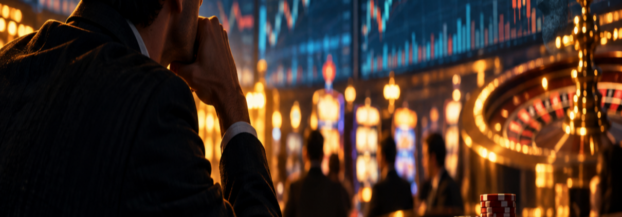 Editorial illustration of casino-like trading, consumer risk, market charts, and responsible decision-making