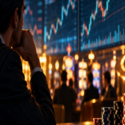 Editorial illustration of casino-like trading, consumer risk, market charts, and responsible decision-making