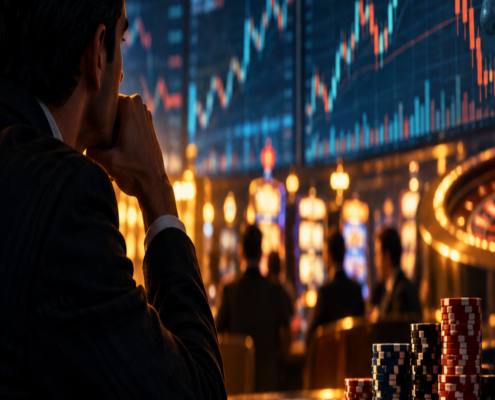 Editorial illustration of casino-like trading, consumer risk, market charts, and responsible decision-making