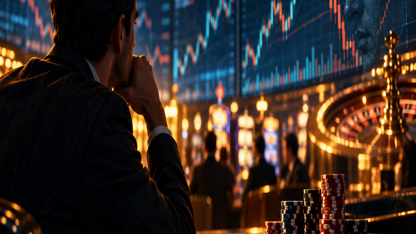 Editorial illustration of casino-like trading, consumer risk, market charts, and responsible decision-making