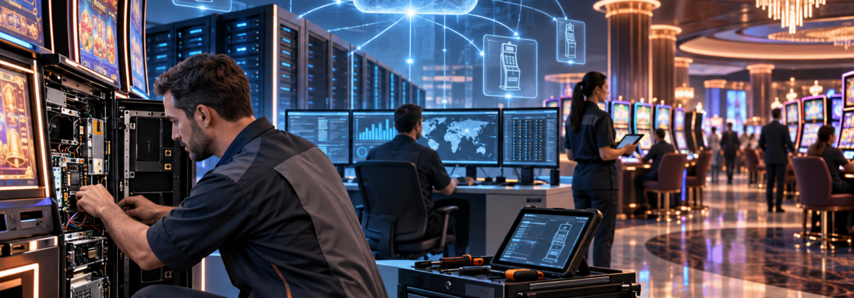 Editorial illustration of gaming-industry market analysis, online sports betting, and casino technology