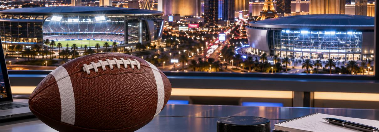 Editorial illustration of Las Vegas sports betting news, Raiders and Chargers helmets, and a hockey arena