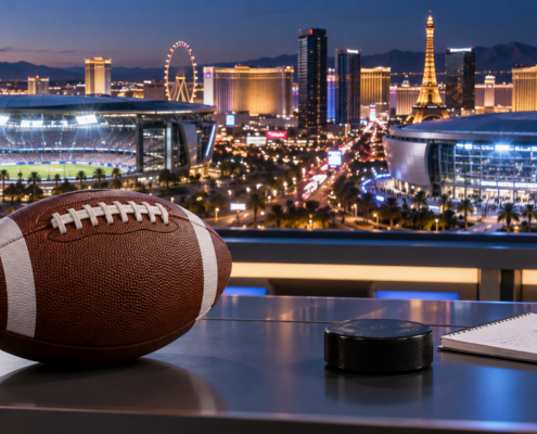 Editorial illustration of Las Vegas sports betting news, Raiders and Chargers helmets, and a hockey arena