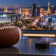 Editorial illustration of Las Vegas sports betting news, Raiders and Chargers helmets, and a hockey arena