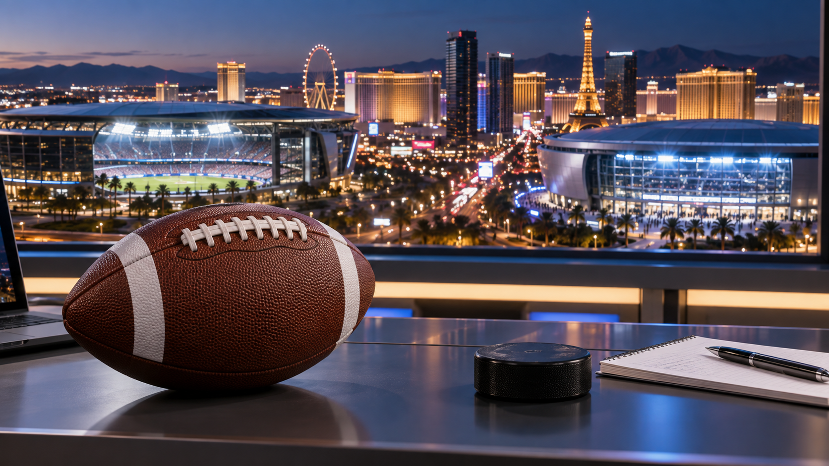 Editorial illustration of Las Vegas sports betting news, Raiders and Chargers helmets, and a hockey arena