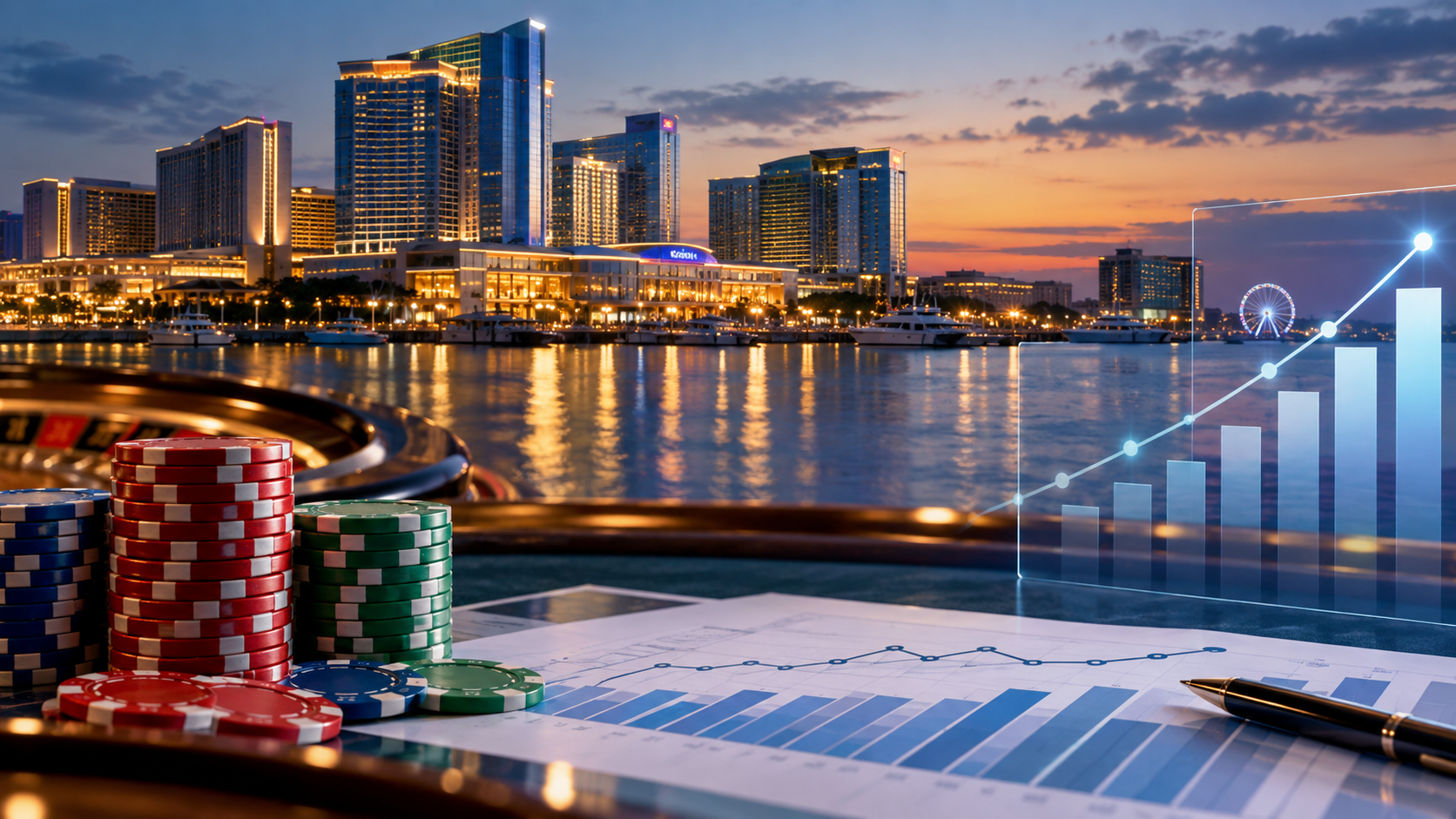 Editorial illustration of Maryland casino revenue data and a casino skyline