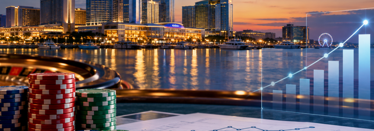 Editorial illustration of Maryland casino revenue data and a casino skyline