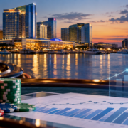 Editorial illustration of Maryland casino revenue data and a casino skyline