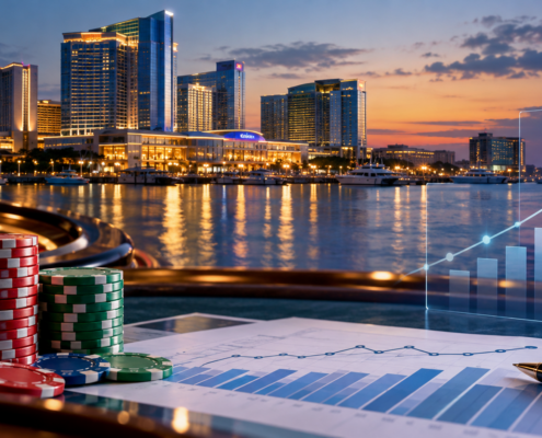 Editorial illustration of Maryland casino revenue data and a casino skyline