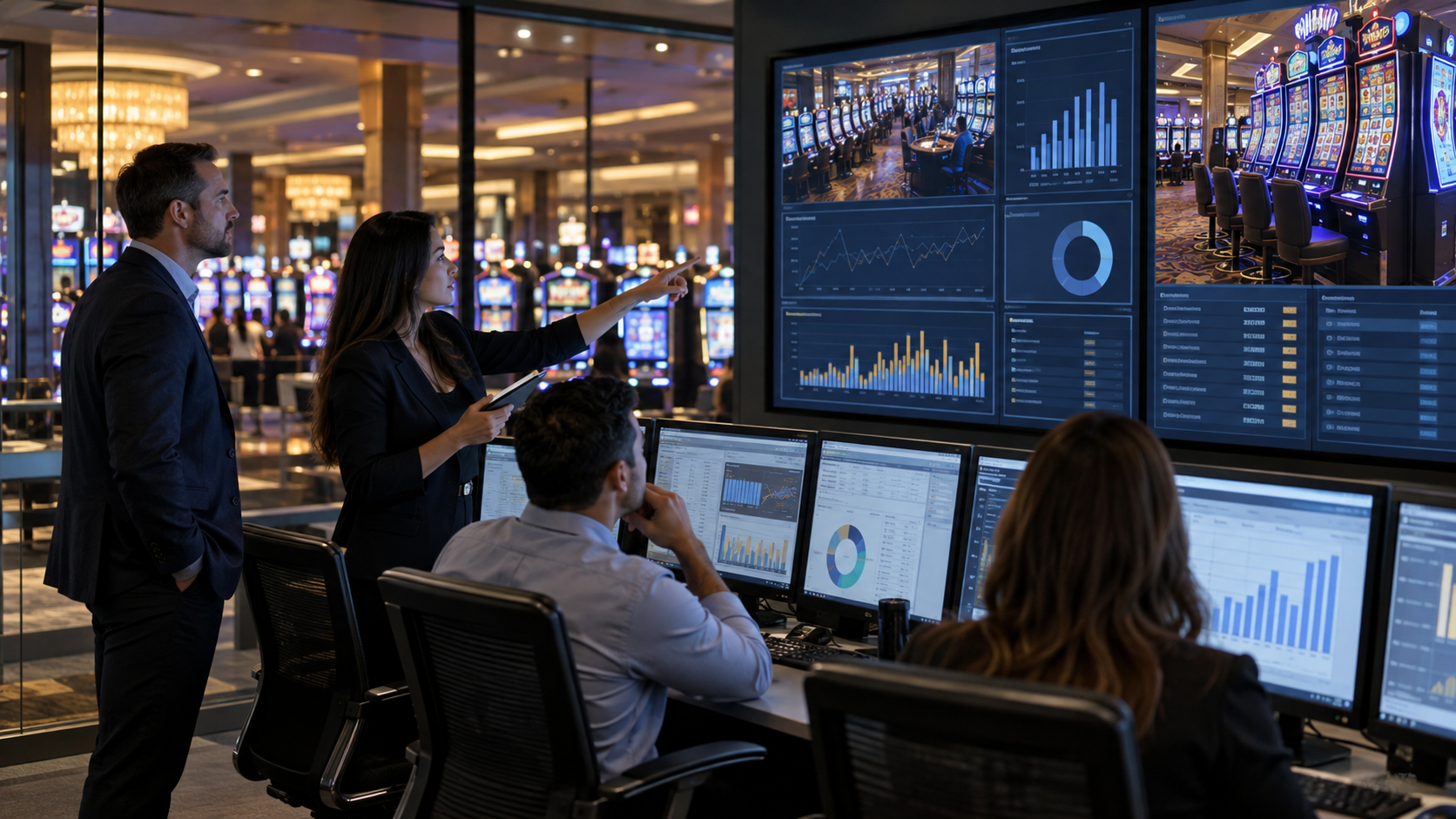 Editorial illustration of casino analytics, gaming machines, and next-day performance data