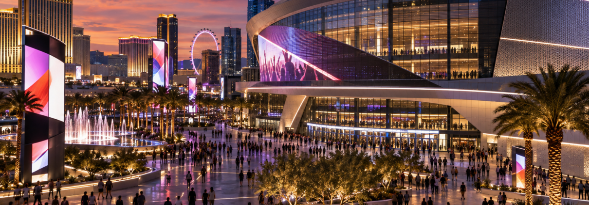 Editorial illustration of a Las Vegas arena plaza with new entertainment branding