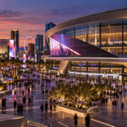 Editorial illustration of a Las Vegas arena plaza with new entertainment branding