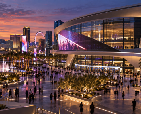Editorial illustration of a Las Vegas arena plaza with new entertainment branding