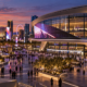 Editorial illustration of a Las Vegas arena plaza with new entertainment branding