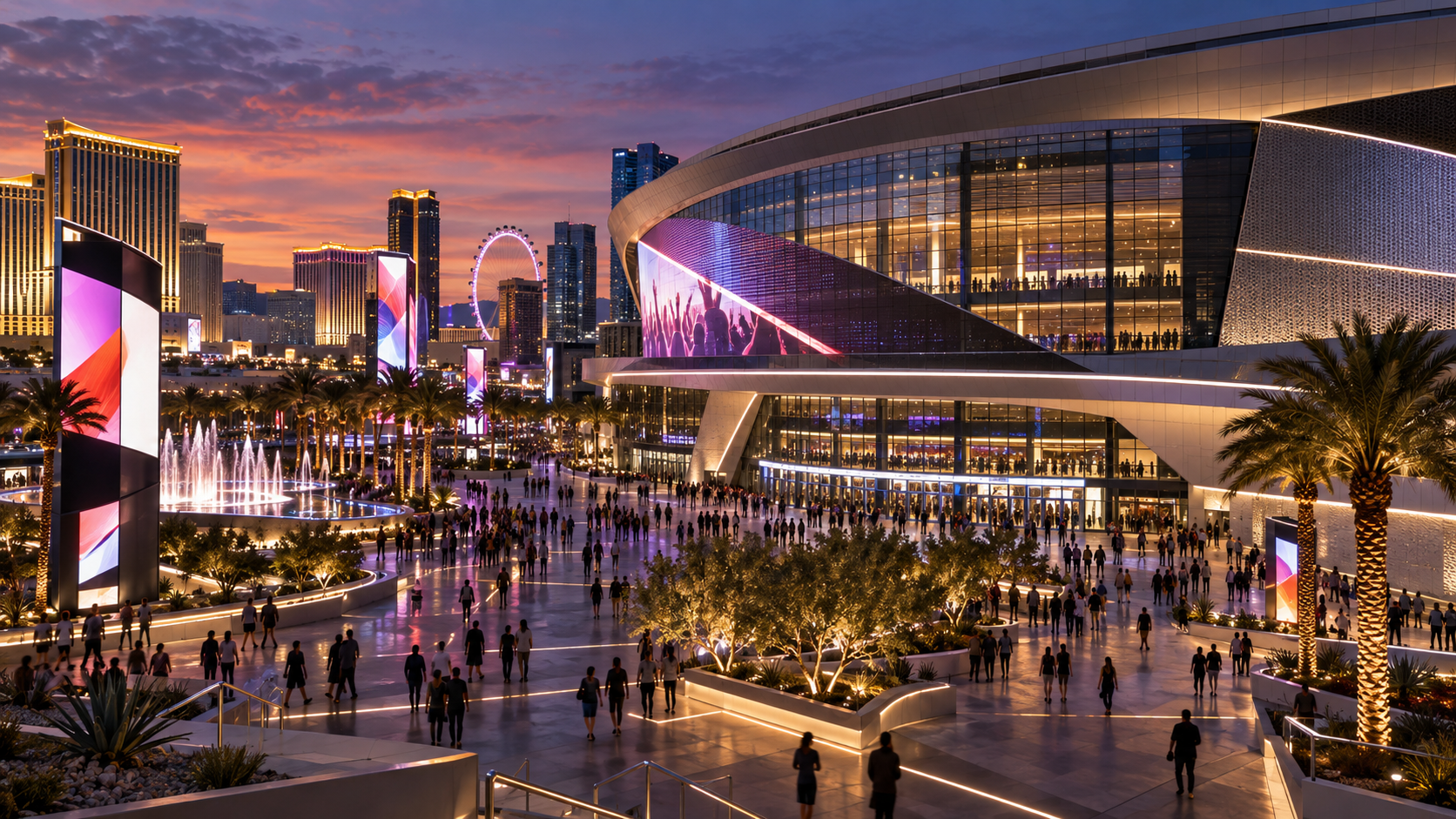 Editorial illustration of a Las Vegas arena plaza with new entertainment branding