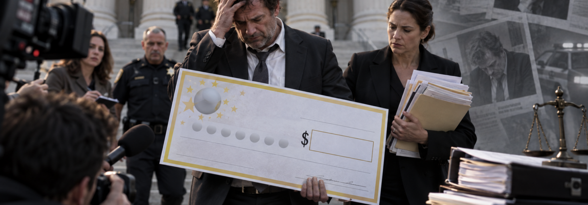 Editorial illustration of a Powerball jackpot, legal documents, and a lottery news report