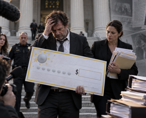 Editorial illustration of a Powerball jackpot, legal documents, and a lottery news report