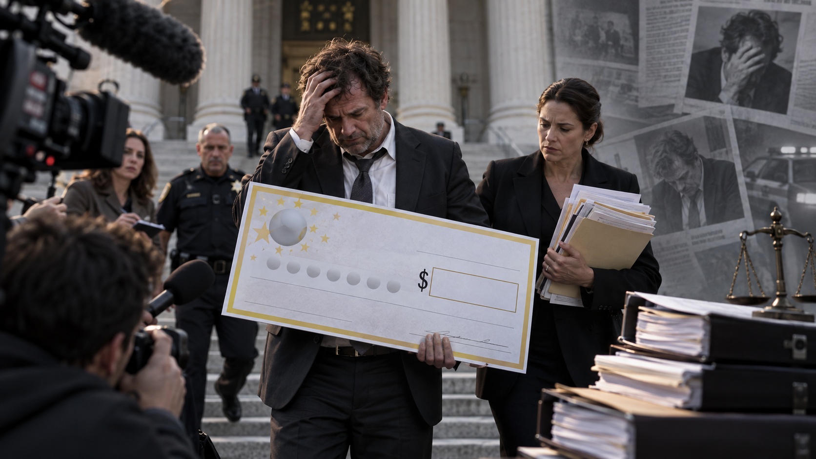 Editorial illustration of a Powerball jackpot, legal documents, and a lottery news report
