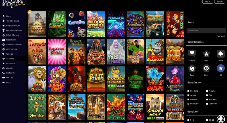 Treasure Mile’s desktop game lobby, as shown in Chipy’s review gallery.