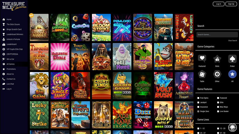 Treasure Mile’s desktop game lobby, as shown in Chipy’s review gallery.