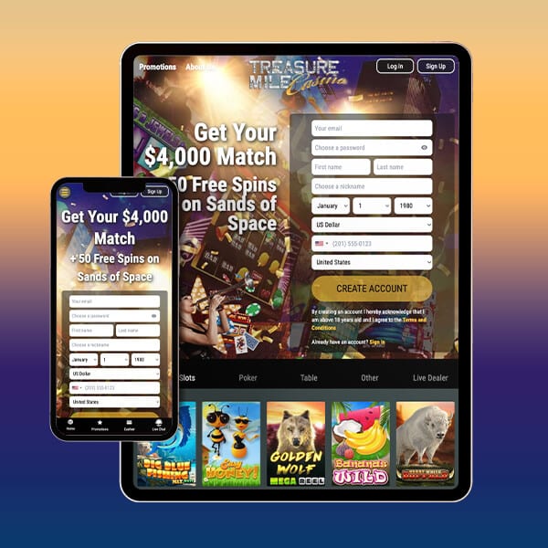 Treasure Mile’s mobile-access illustration from VegasSlots.net; promotional amounts shown are part of the source image.