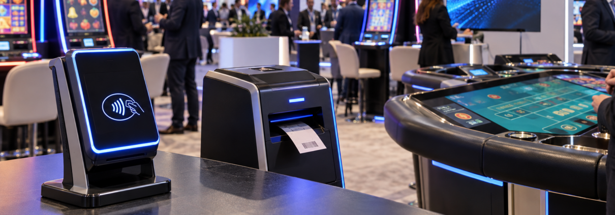 Editorial illustration of casino technology products at a gaming expo