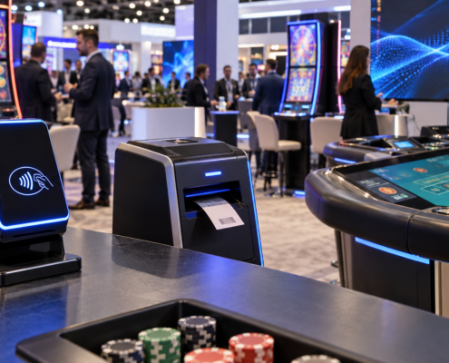 Editorial illustration of casino technology products at a gaming expo