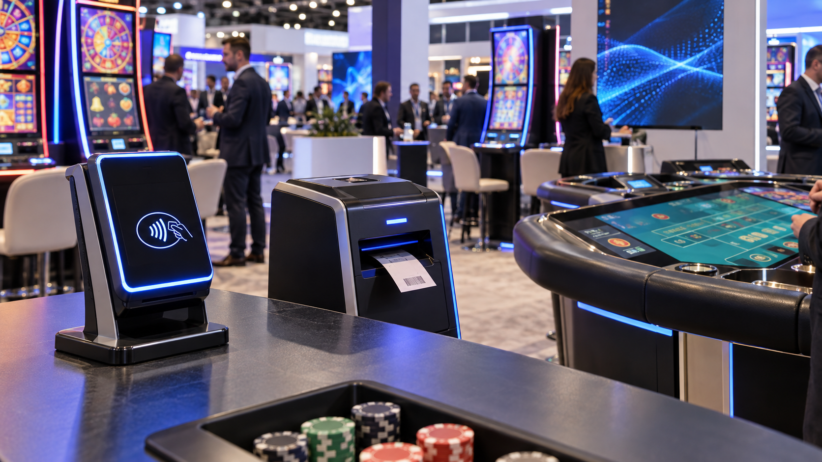 Editorial illustration of casino technology products at a gaming expo
