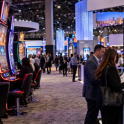Editorial illustration of G2E casino technology, new gaming products, and a Las Vegas trade-show floor