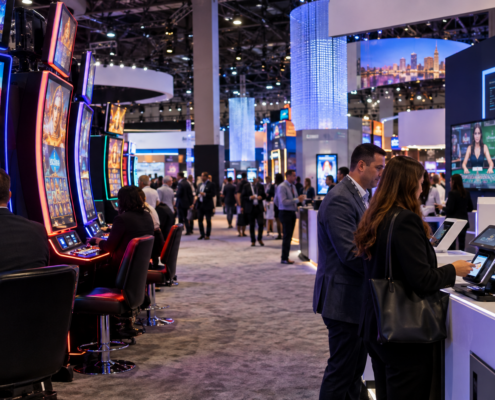Editorial illustration of G2E casino technology, new gaming products, and a Las Vegas trade-show floor
