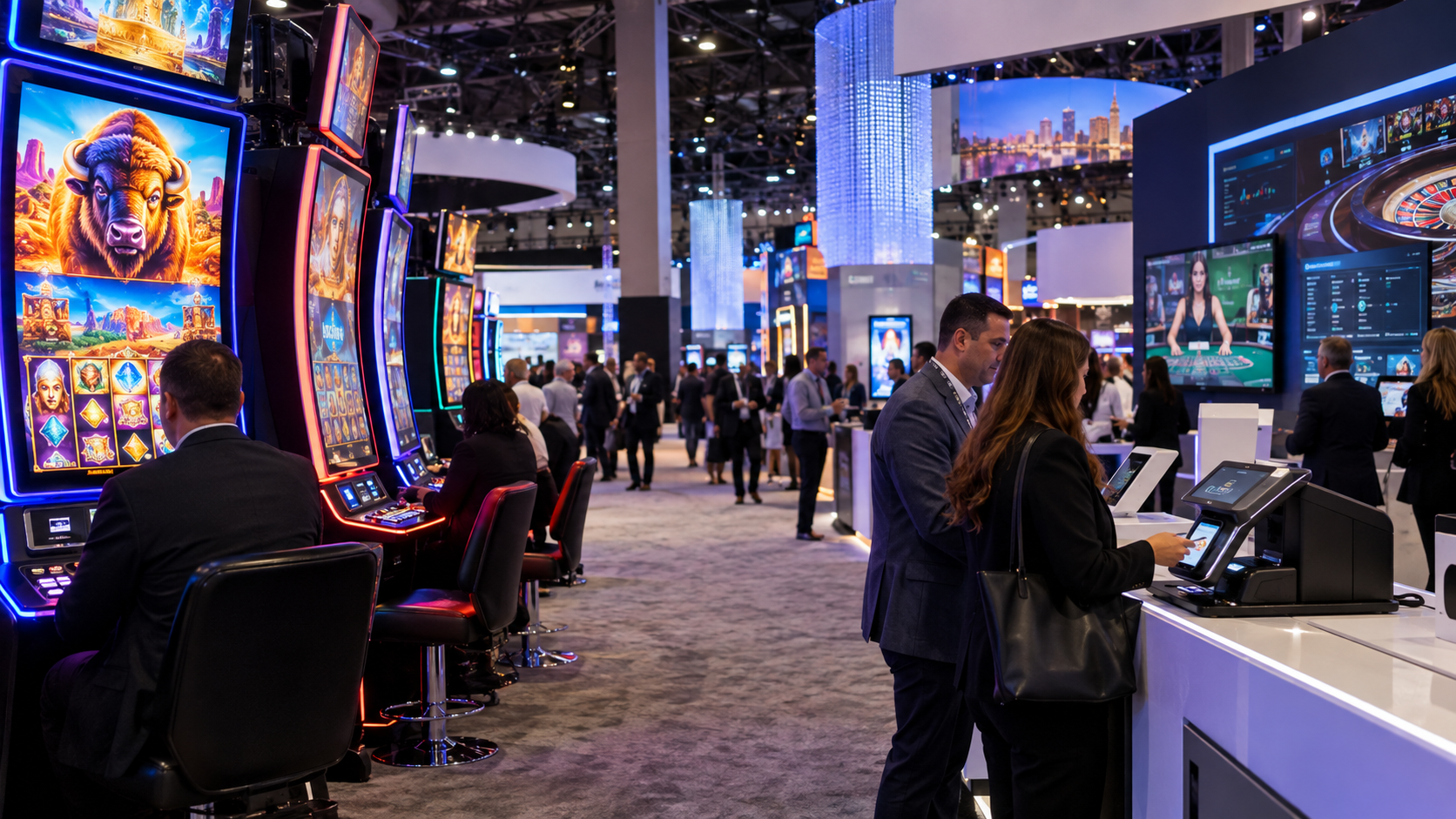 Editorial illustration of G2E casino technology, new gaming products, and a Las Vegas trade-show floor